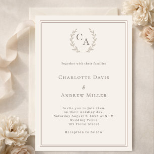Ivory taupe wreath monogrammed simple wedding  invitation