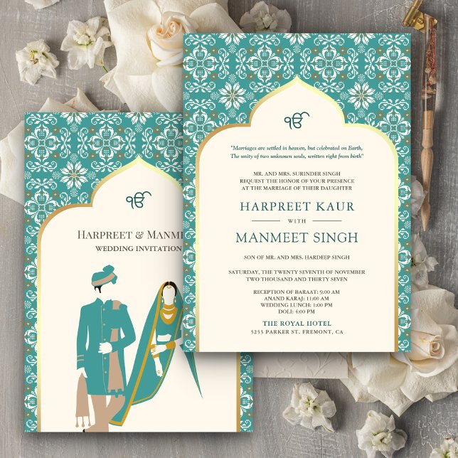 Ivory Teal Pattern Anand Karaj Sikh Wedding Invitation (Creator Uploaded)