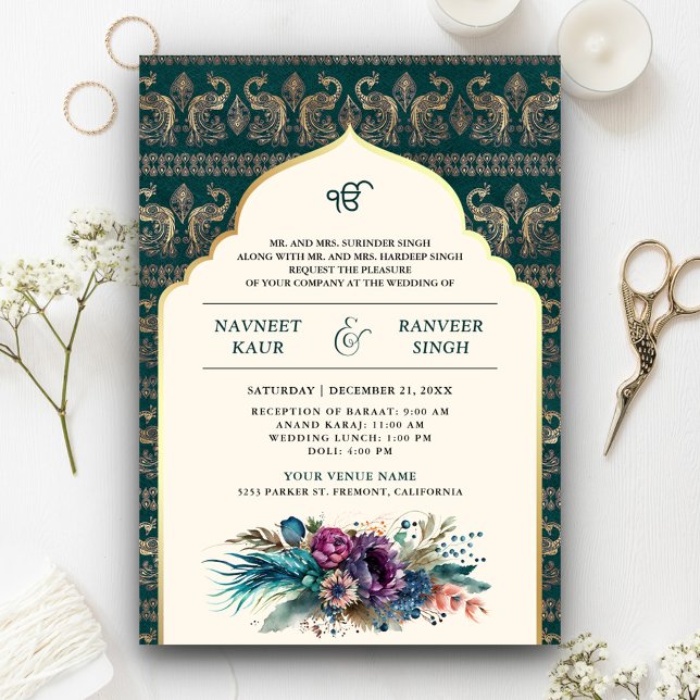 Ivory Teal Peacock Anand Karaj Sikh Wedding Invitation (Creator Uploaded)