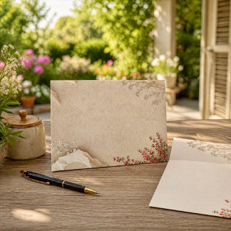 Ivory Torn Paper Floral Vintage Botanical Texture Envelope