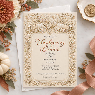 Ivory Turkey Script Thanksgiving Dinner Invitation
