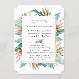 Ivory Turquoise Lilies  Flowers Geometric Wedding Invitation