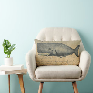 Ivory Vintage Beach Whale Lumbar Throw Cushion