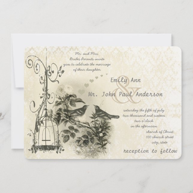 Ivory Vintage Bird Cage Love Birds Invitation (Front)