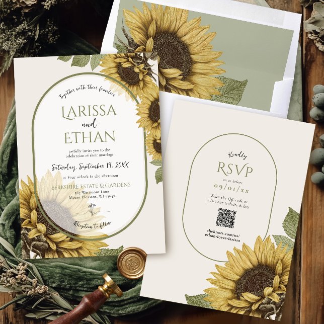 Ivory Vintage Sunflower Simple Boho Wedding Invitation (Add the matching sage green vintage sunflower boho chic botanical wedding invitation envelope liner)