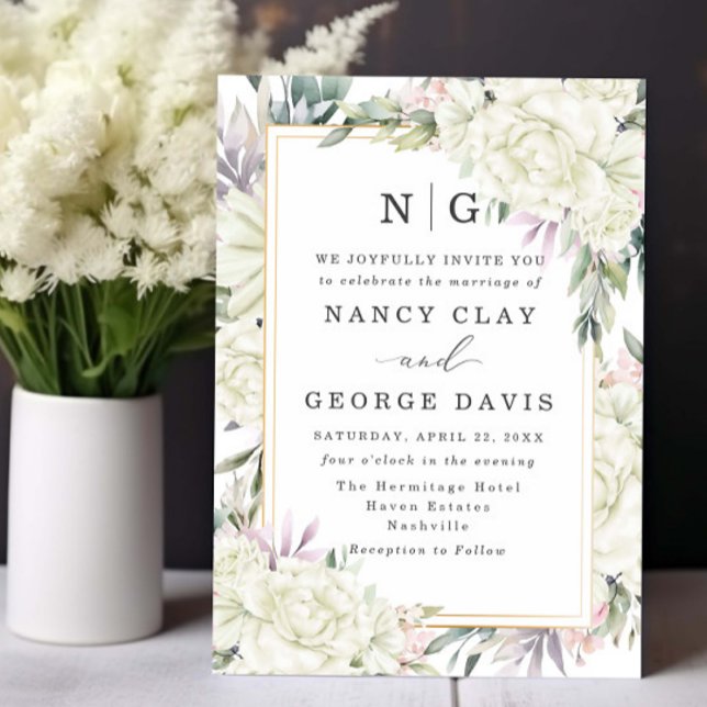  Ivory Watercolor Floral Frame Monogram Wedding Invitation (Creator Uploaded)
