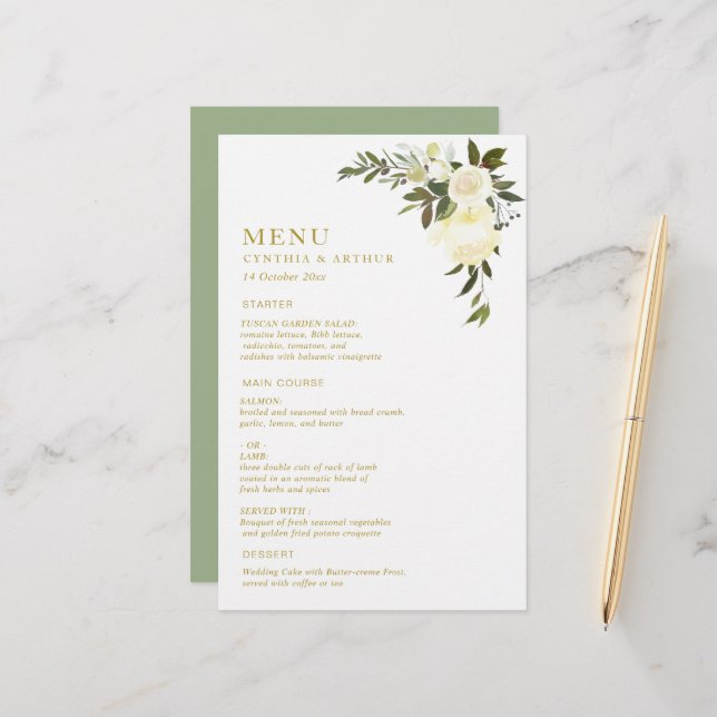 ivory watercolor floral green wedding menu (Front/Back In Situ)