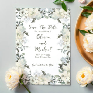 Ivory Watercolor Floral Sage Green Photo Wedding Save The Date