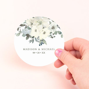 Ivory Watercolor Floral Sage Green Wedding Classic Round Sticker