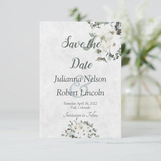 Ivory watercolor floral save the date invitation (Standing Front)