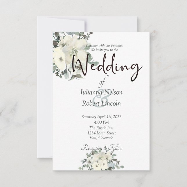 Ivory watercolor floral wedding invitation (Front)