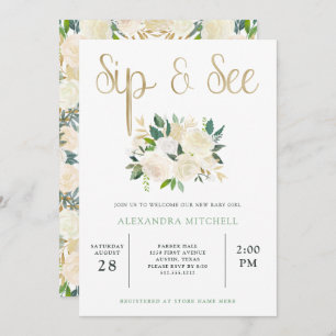 Ivory Watercolor Floral with Gold   Sip and See Invitation