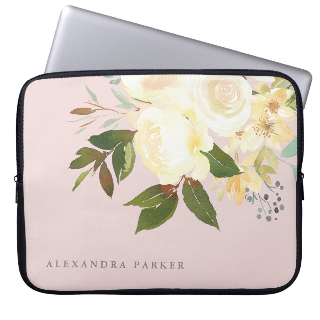 Ivory Watercolor Florals on Blush Laptop Sleeve (Front)