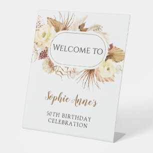 Ivory Watercolour Flowers Pampas Grass Birthday Pedestal Sign