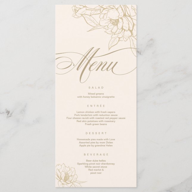 Ivory Wedding Menu card, with gold floral Peony (Front)