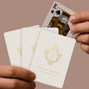 Ivory Wedding Monogram in Vintage Faux Gold Crest Playing Cards
