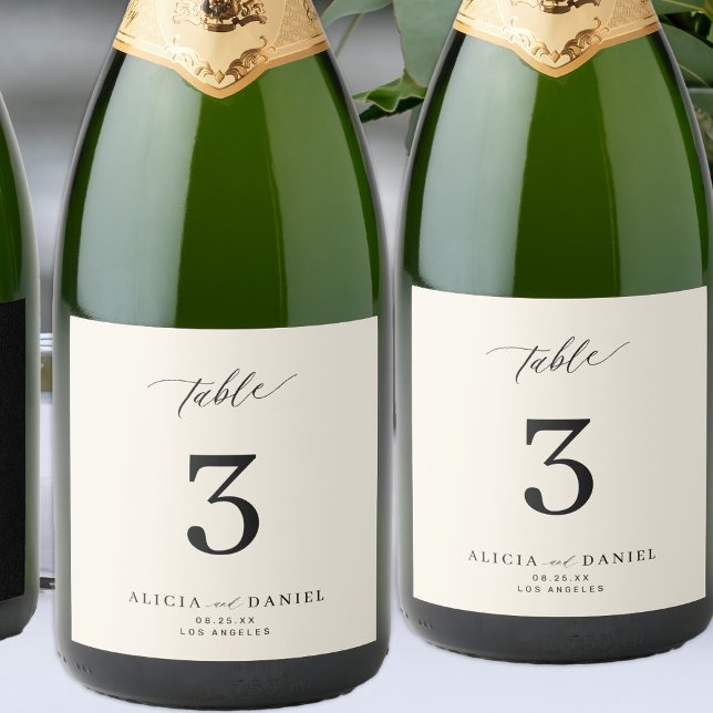 Ivory wedding table number simple minimalist sparkling wine label (Creator Uploaded)
