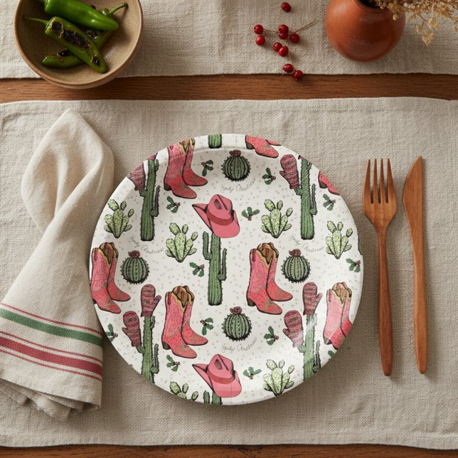 Ivory Western Xmas Cowgirl Boots Howdy Christmas Paper Plate (Ivory Country Christmas Paper Plates Western Howdy Christmas Cowgirl Boots, Hat, Cacti Holly Berries)