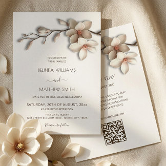 Ivory White 3D Magnolia Flower Minimalist Wedding Invitation