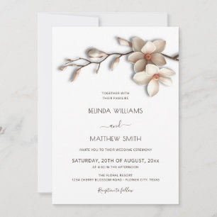 Ivory White 3D Magnolia Flower Wedding Invitation