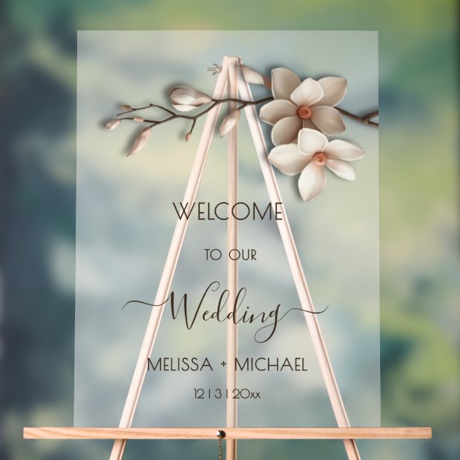 Ivory White 3D  Magnolia Flowers Wedding Welcome Acrylic Sign (Neutral)