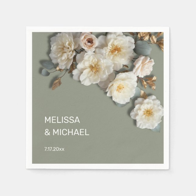 Ivory White 3D Roses Wedding Napkin (Front)