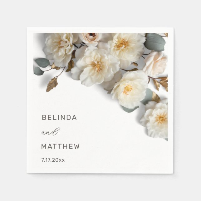 Ivory White 3D Roses Wedding Napkin (Front)