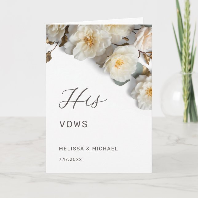 Ivory White 3D Roses Wedding Vow Card (Front)