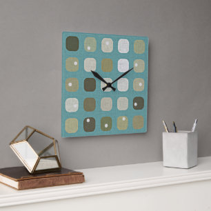 Ivory White Beige Teal Blue Round Squares Pattern Square Wall Clock