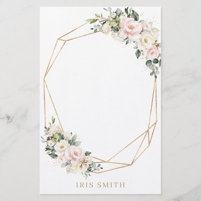 Ivory White Blush Pink Floral Gold Geometric Note Stationery (Front)