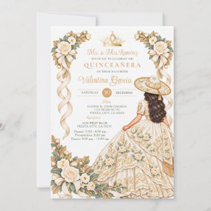 Ivory White Bow Floral Quinceañera Princess Party Invitation