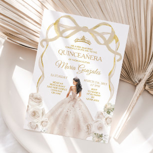 Ivory White Bow Princess Gold Crown Quinceañera Invitation