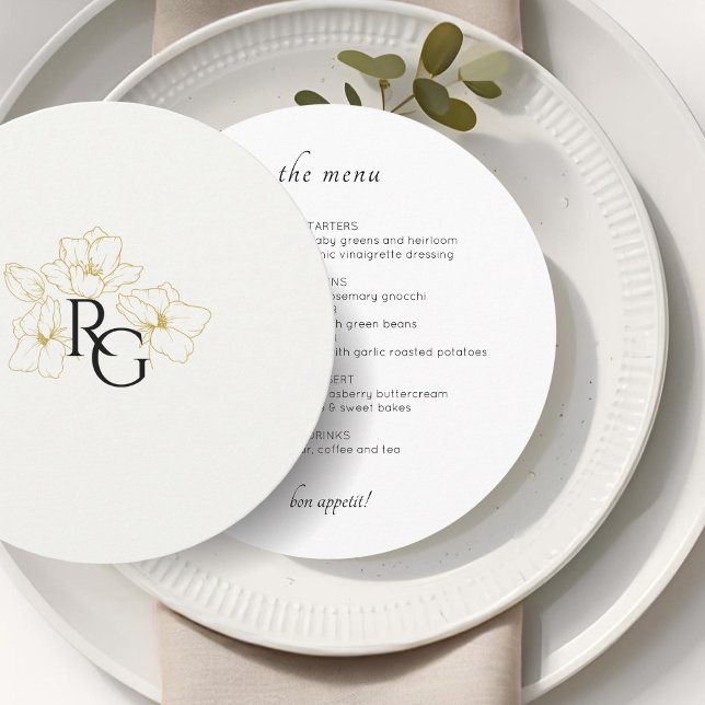 Ivory & White | Chic Floral Monogram Wedding Flat  Menu (Creator Uploaded)