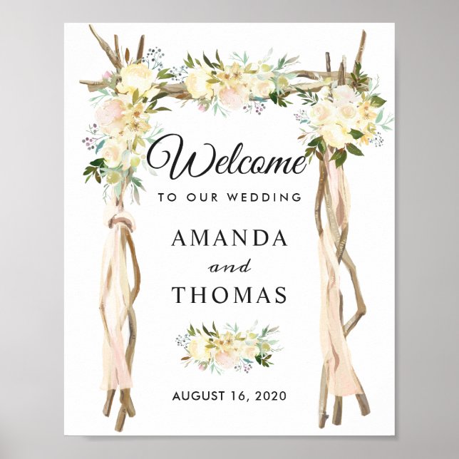 Ivory White Floral Arbor Arch Wedding Welcome Sign (Front)