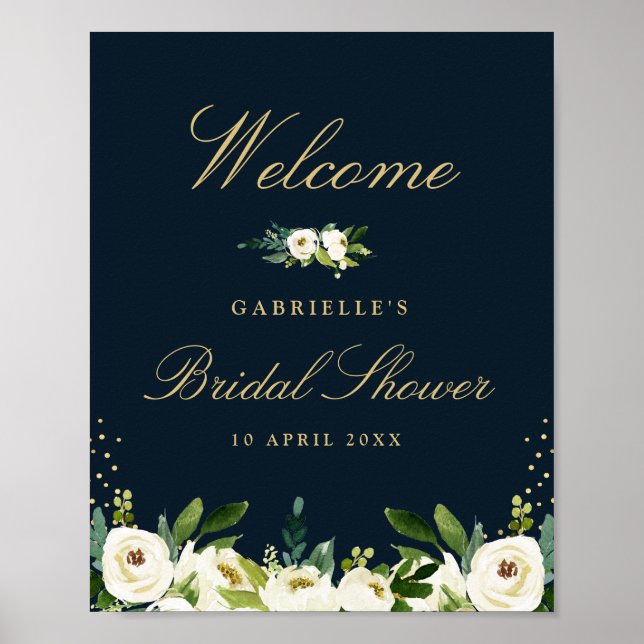 ivory white floral bridal shower welcome sign (Front)