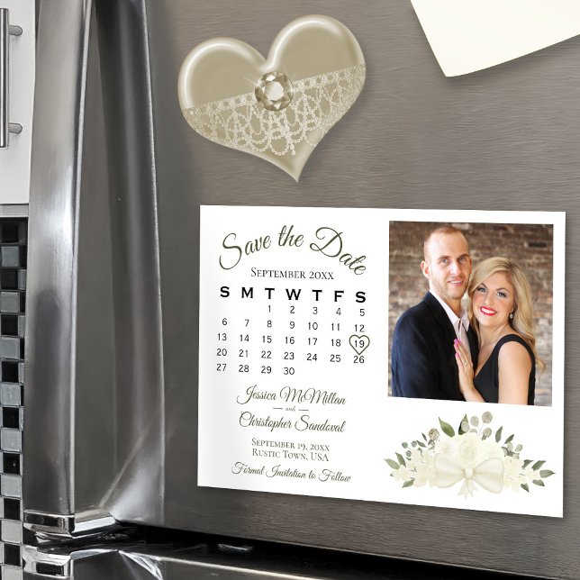 Ivory White Floral Calendar & Photo Save the Date Magnetic Invitation (Magnetic for Easy Display!)