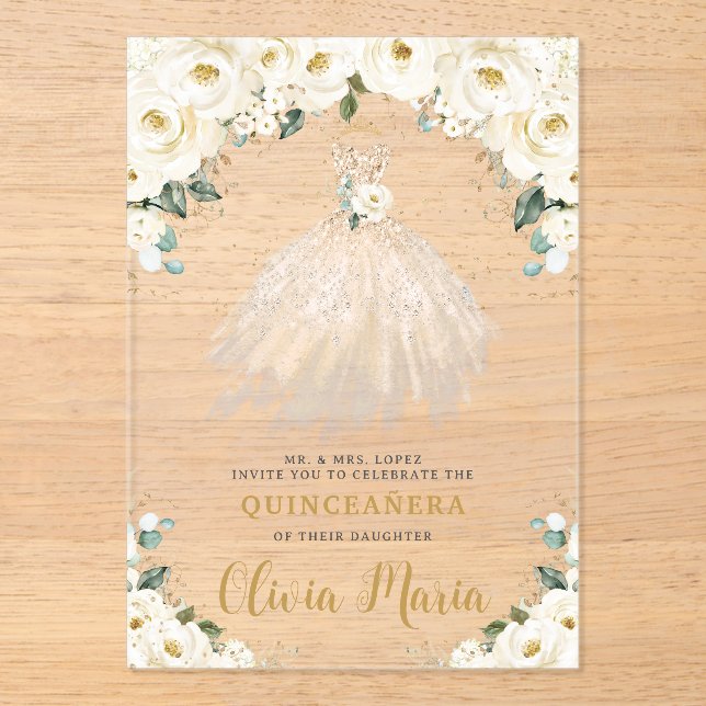 Ivory White Floral Champagne Dress Quinceañera Acrylic Invitations (Front)