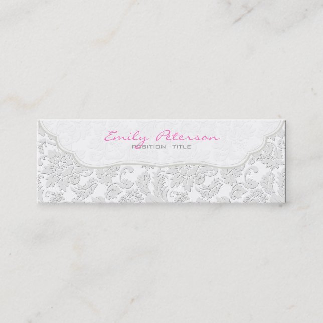 Ivory White Floral Damasks Embossed Effect Mini Business Card (Front)