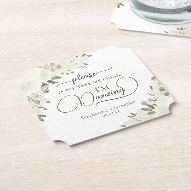 Ivory White Floral Don't Take My Drink Wedding Paper Coaster (Angled)