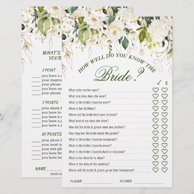 Ivory White Floral Double-Sided Bridal Shower Game (Front/Back)