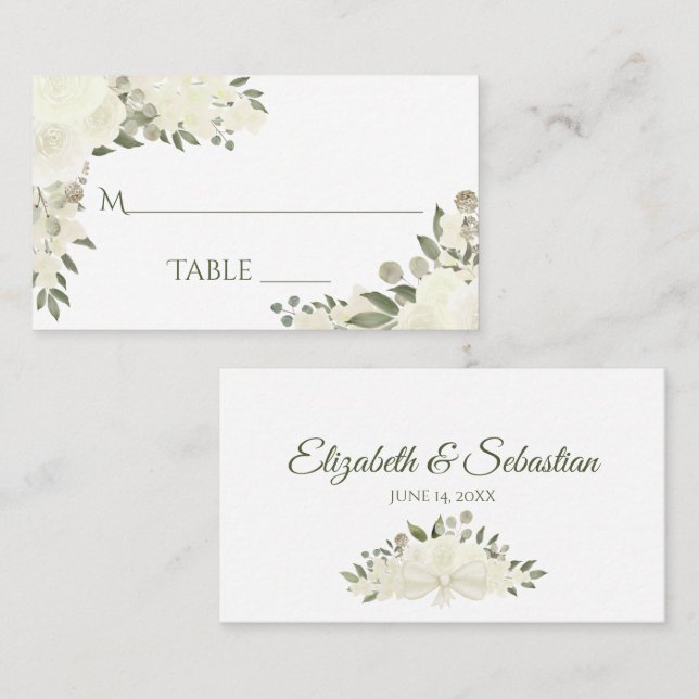 Ivory White Floral Elegant Wedding Escort Card (Front/Back)