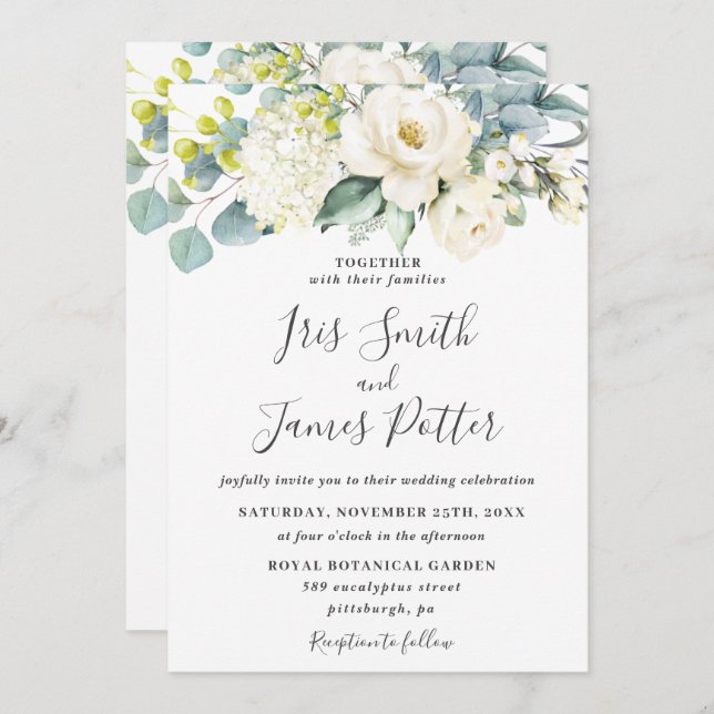 Ivory White Floral Eucalyptus Greenery Wedding Invitation (Front/Back)