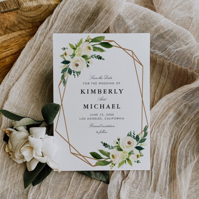 ivory white floral geometric save the date card (Creator Uploaded)