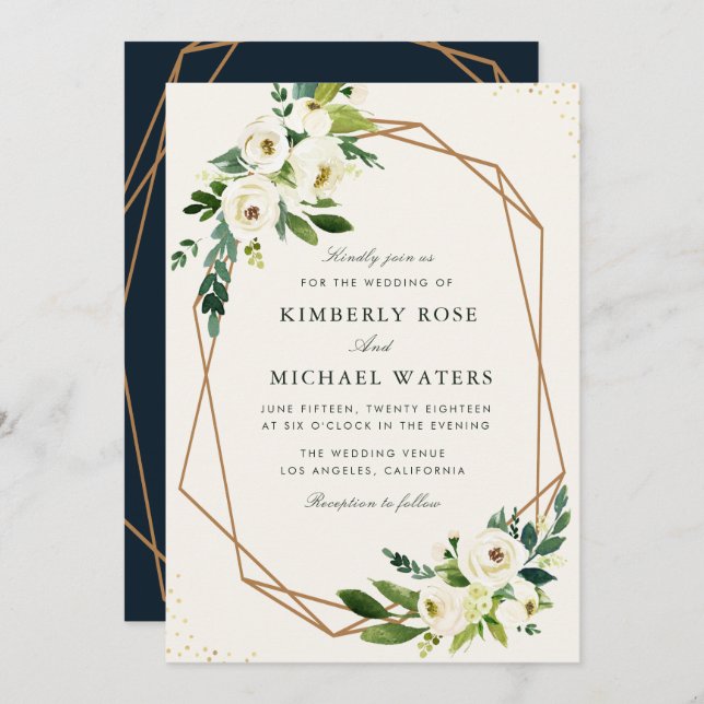 Ivory white floral geometric wedding invitation (Front/Back)