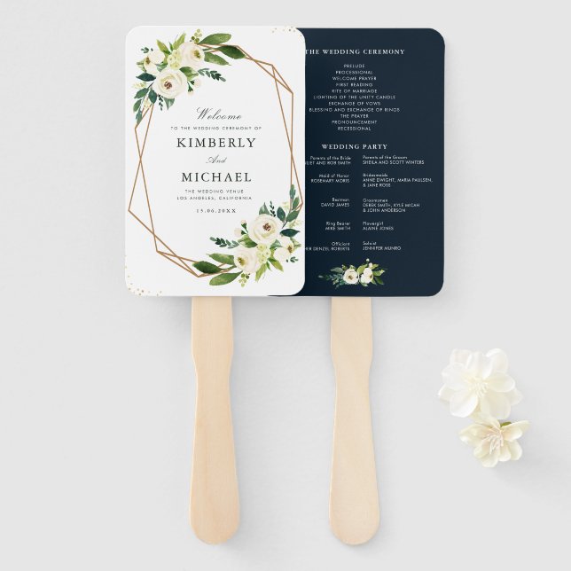 Ivory white floral geometric wedding program hand fan (Front and Back)