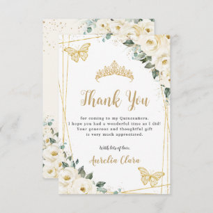 Ivory White Floral Gold Butterflies Quinceañera Thank You Card