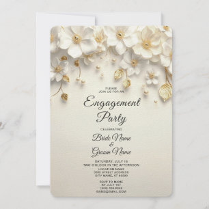 Ivory White Floral Gold Leaves Engagement Invitation