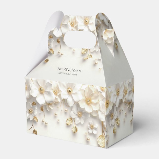 Ivory White Floral Gold Leaves Favour Box (Front Side)
