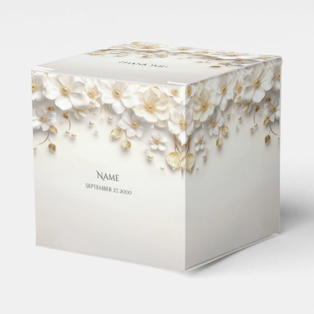 Ivory White Floral Gold Leaves Favour Box (Front Side)