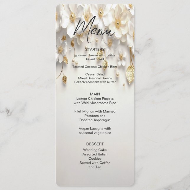 Ivory White Floral Gold Leaves Menu (Front)
